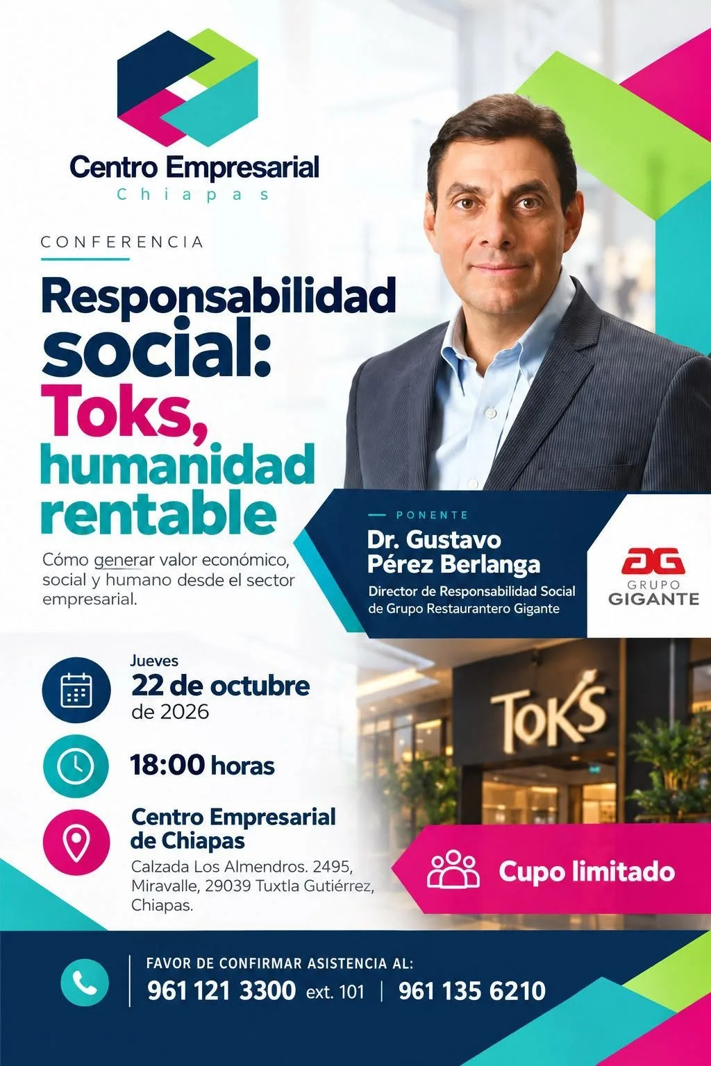 Flyer: Conferencia Responsabilidad social: Toks, humanidad rentable